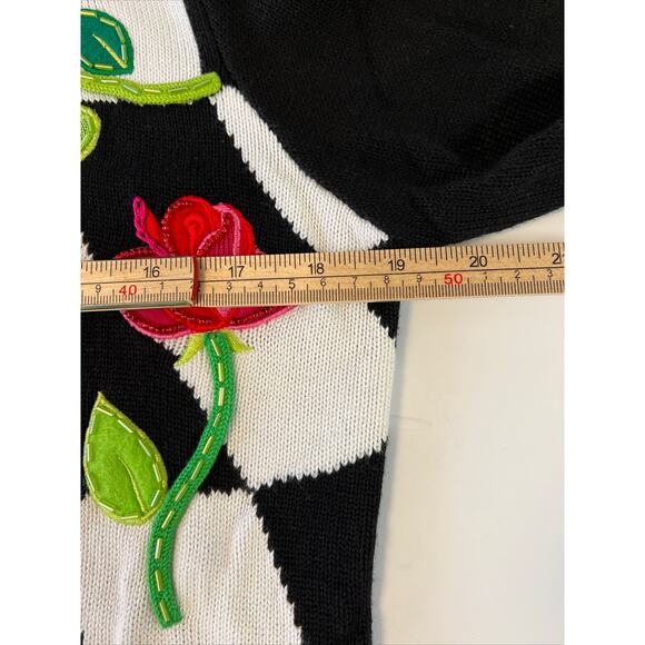 Embellished Red Roses Check Cardigan Sequin Size Small Black White Embroidery - Picture 14 of 16